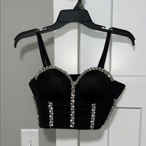 Black Rhinestone Embellished Corset Bustier Top